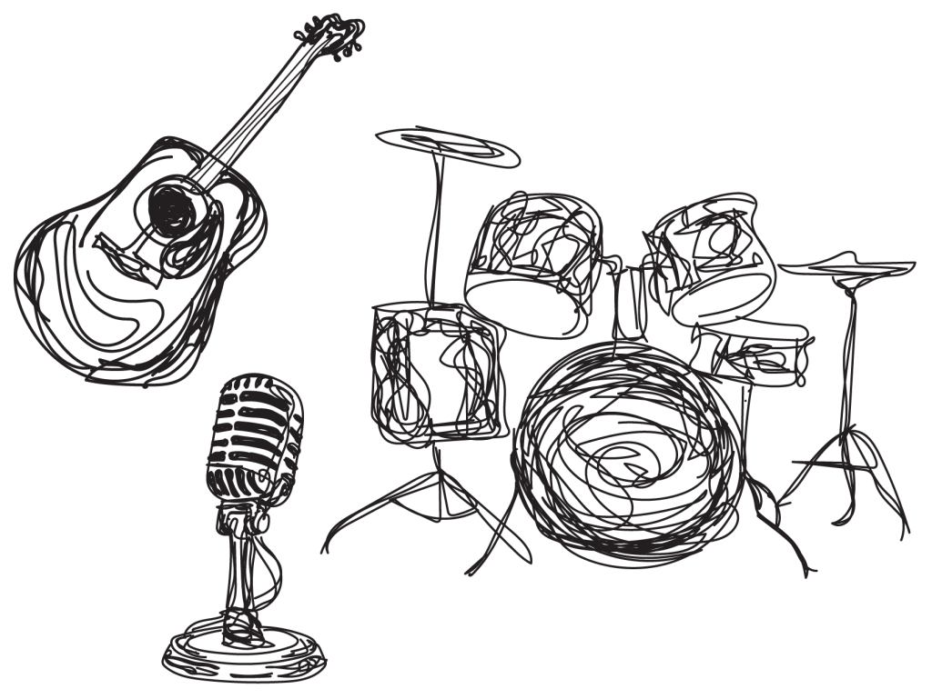 sketch of drums guitar and microphone