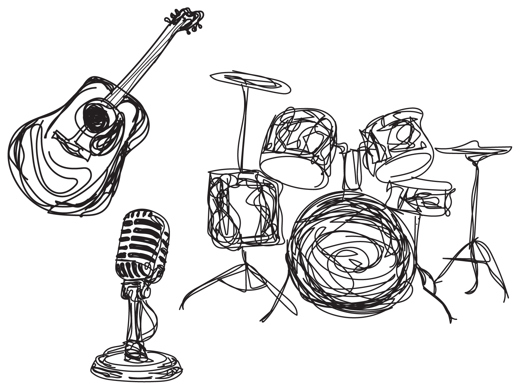 sketch of drums guitar and microphone