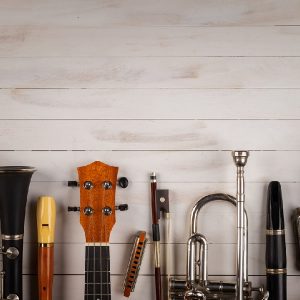 A lineup of guitars, woodwind, strings, and brass illustrates the pitch range of musical instruments.