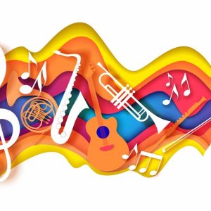 Various musical instruments and notation on waves of color representing some of the best instruments for ADHD.