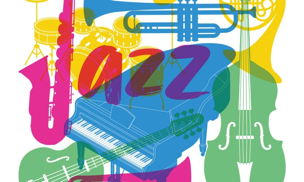 The word jazz and all types of instruments in a variety of colors signifies learning to play jazz.